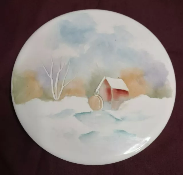 Hand-Painted Porcelain Artist J.E Helm 6" Round Winter Landscape Water Mill Snow