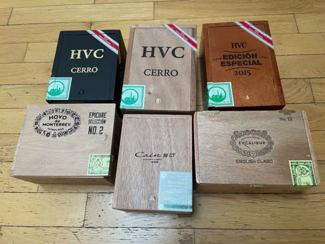 Lot Of 6 Empty Wooden Cigar Boxes Hoyo, Excalibur,  HVC, Cain