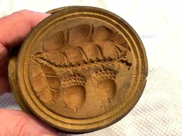 Rare 1800s Wooden Round Butter Mold Double Acorns Free Shipping