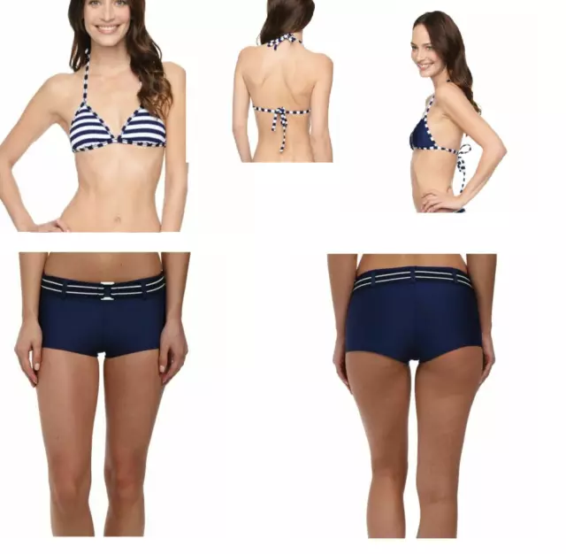 NWT Splendid Miami Striped S REV Top XS Belted Boyshorts Bikini Set Navy