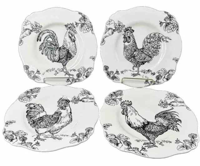 Andrea by Sadek Barnyard Toile square Ceramic Luncheon Plates 4 Rooster Plates