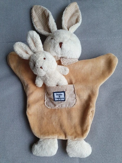 Doudou et Compagnie 🧸 Lapin plat et son petit Marionnette vintage en velours or
