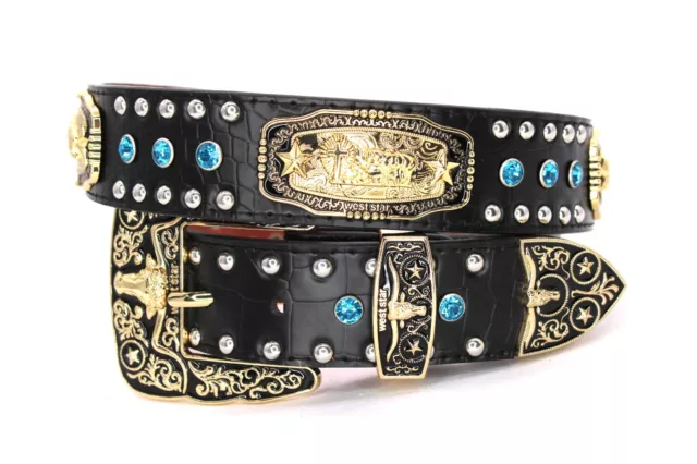 Western Belt Black Gold Cowboy Prayer Men Blue Stone Crocodile Snake Pants 38