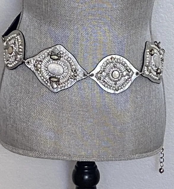 Chico's Women’s M/L Silver Medallion Waist Chain Belt Pearl Stone Beaded Sparkle