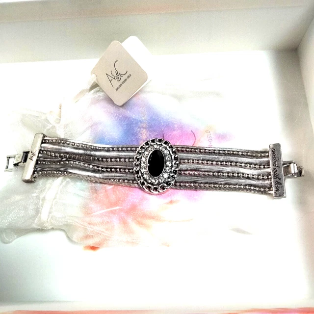 Bracelet Manchette Noir En Acier Inoxydable Avec Strass - Taille Réglable - Neuf Sans Emballage