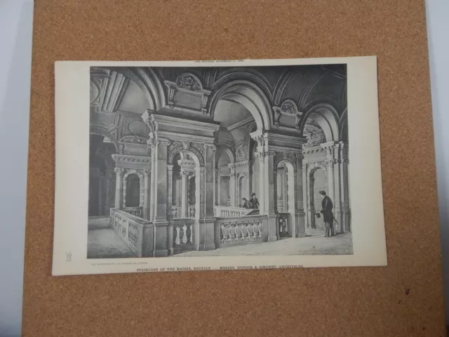 Antique Architects print Staircase Of the Marie Neuiley The builder 1886