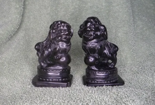 Vintage  Set Early 20th. Century Foo-Dog Lion Hand Carved Black Stone Figures