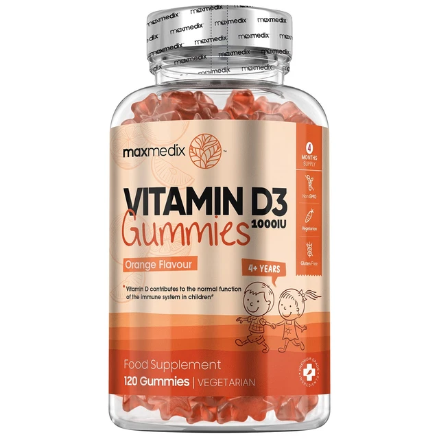 VITAMIN D3 1000IU High Strength Orange Flavour Vegan 120 Gummies For