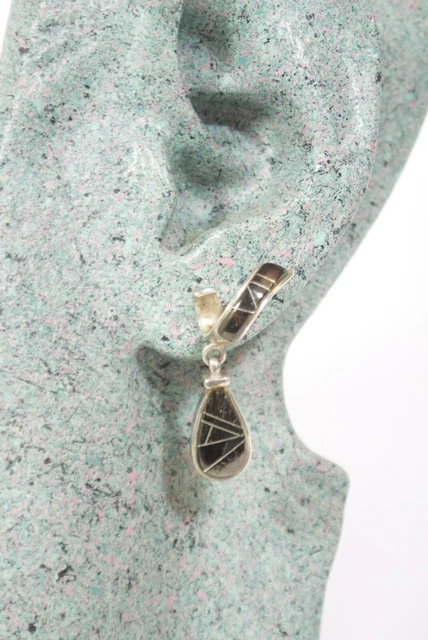 Vintage Sterling Silver 925 MODERNIST BLACK Hematite Drop twist Dangle Earrings