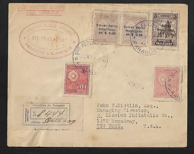 Paraguay To Us Registered 1St Flight Panagra Air Mail Cover 1930 Rare