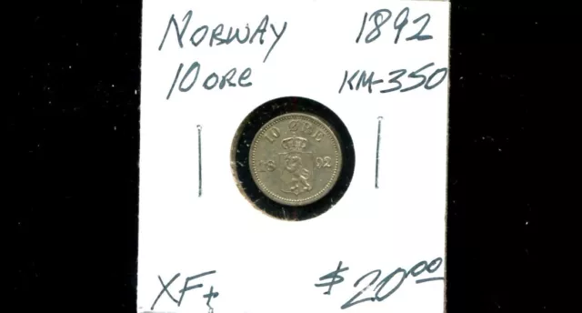 NORWAY Silver 10 Ore KM-350, 1892 in Nice Extra Fine condition