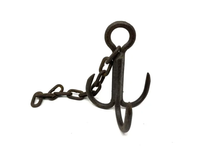 Vintage Blacksmith Made Wrought Iron Grappling Hook Anchor 3 Tines With Chain