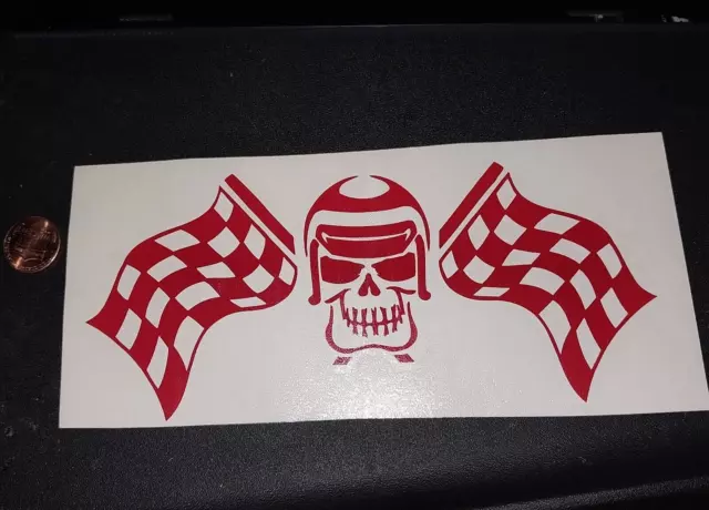 SKULL CHECKERED FLAGS RED  Sticker Decal ORIGINAL OLD STOCK