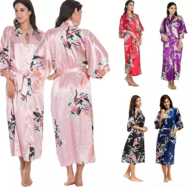 Womens Satin Silk Dressing Gown Floral Long Robe Lady Bathrobe Kimono Nightwear