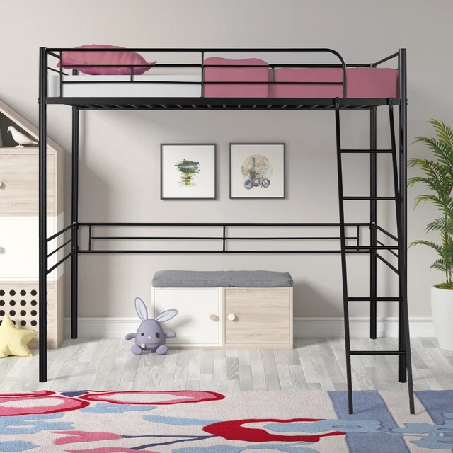 Twin Size Loft Bunk Bed with Desk Storage Shelf Full Length Ladders Space Saving