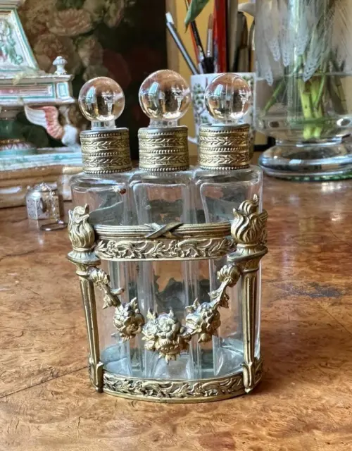 Antique French Bronze Doré Mounted Ormolu Perfume Bottle Caddy Set Flower 3