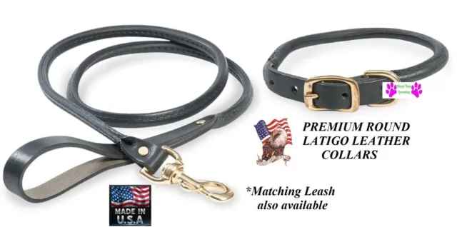 USA Hergestellt Premium Latigo Leder Gerollt Rund Hund Kragen Oder Leine Schwarz