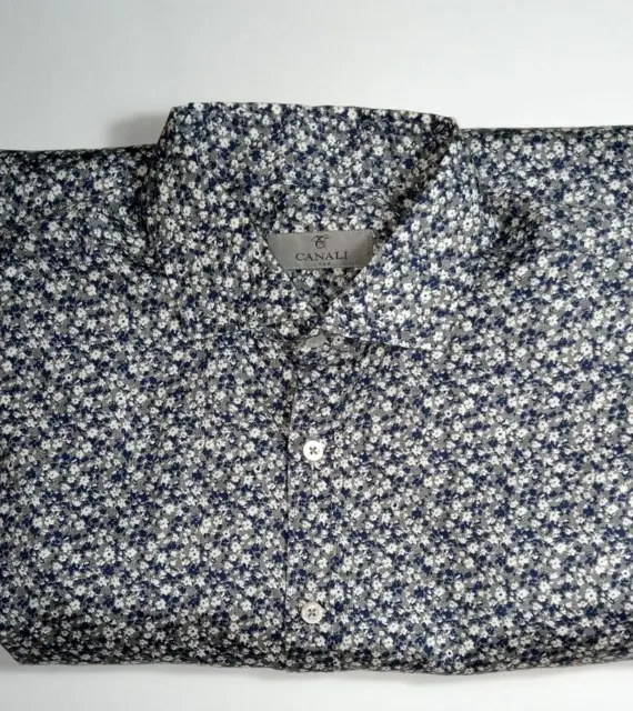 Canali Italy Men's Blue Mini Floral Print Button Up Shirt Size XL