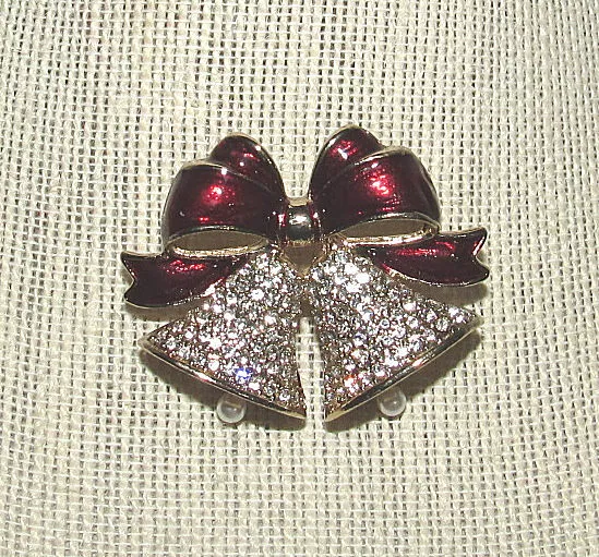 Vintage Anne Klein Christmas Bells Brooch Burgundy Enamel Rhinestones Faux Pearl