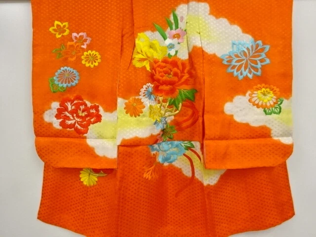 43474# Japanese Kimono / Antique Kimono For Girls / Embroidery / Floral Plants