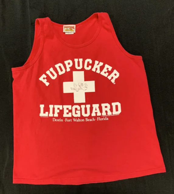 Vintage Fudpucker Lifeguard Red Tank Top Double Sided Florida Large “Pucker  UP”