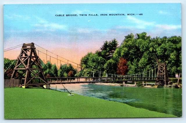 IRON MOUNTAIN, MI Michigan~ CABLE BRIDGE ~ TWIN FALLS  Dickinson County Postcard