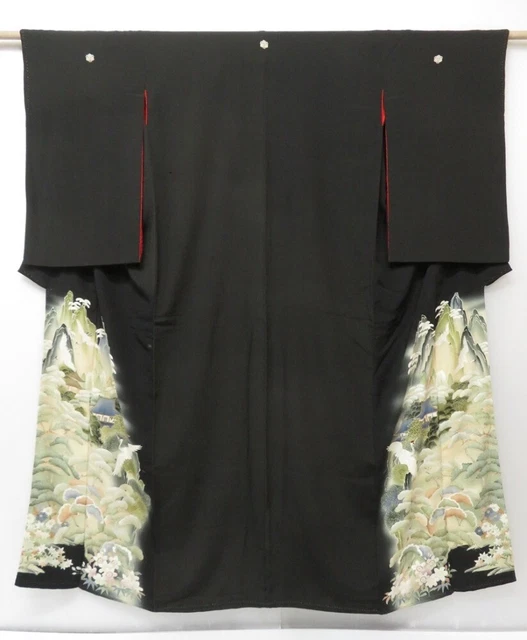 1702T04z800 Antique Japanese Kimono Silk TOMESODE Scenery Black