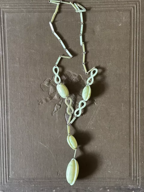 Antique 1920s Art Deco Sautoir drop bead green celluloid necklace flapper 3