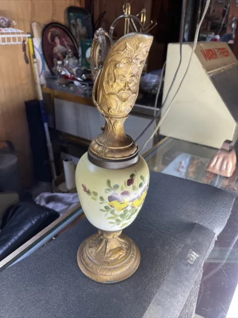 Vintage Decorative Ornate Brass & Ceramic Jug Pitcher Hand Painted