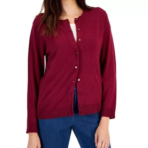 Karen Scott Sweater Jersey Merlot Cardigan Button Crew Neck Long Sleeve XXL (20)