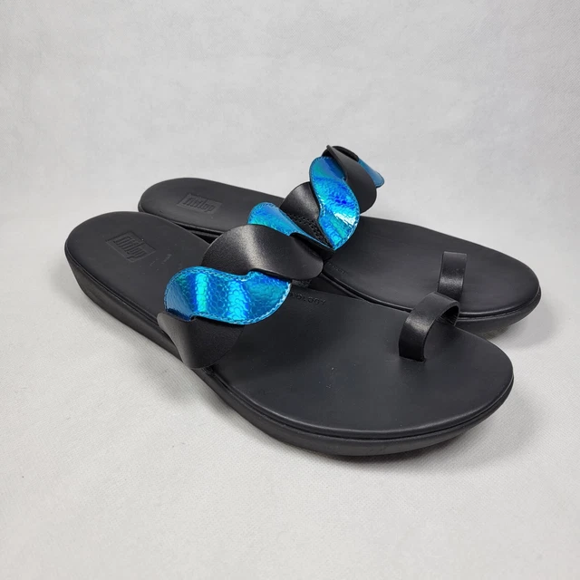 FitFlop Womens Reagan Rope Slide Sandal Shoes, Black/Sea Blue US 8 EUR 39