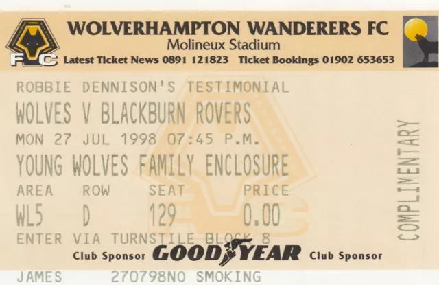 Ticket - Wolverhampton Wanderers v Blackburn Rovers 27.07.98 Testimonial