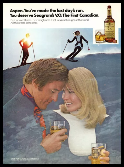 1972 Seagram's VO Canadian Whisky Aspen Colorado Snow Ski Resort Slopes Print Ad