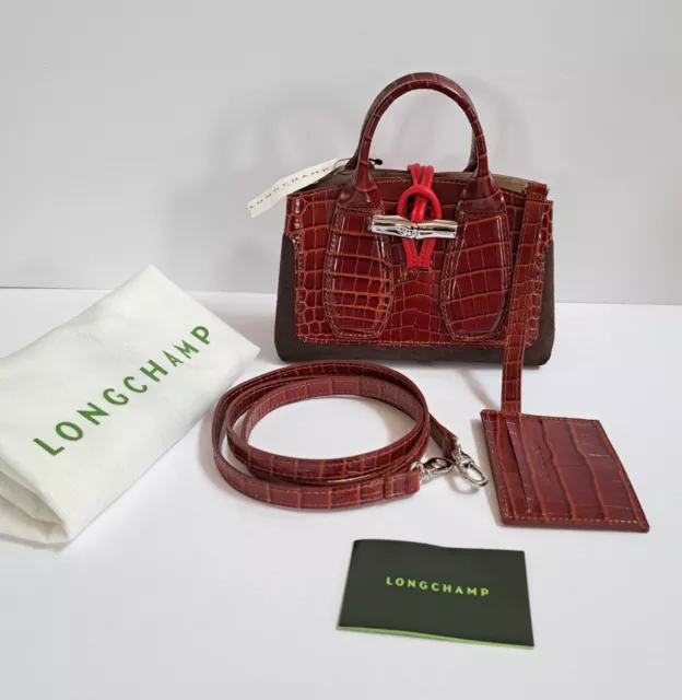 NWT Longchamp Roseau Top Handle XS Leather Crossbody Bag Croc Emboss Suede $550