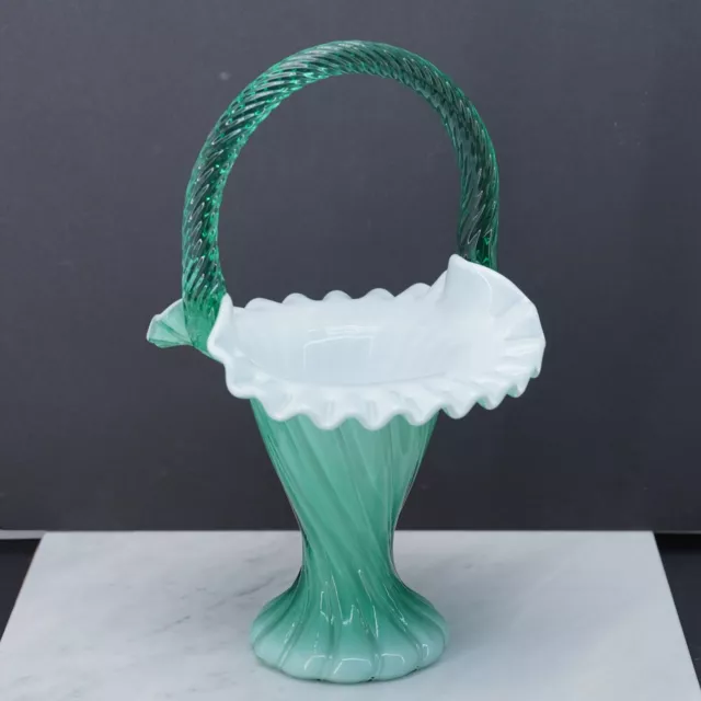 Fenton Spiral Optic Glass Basket Aquamarine Green Rope Like Handle Ruffled 10.5”