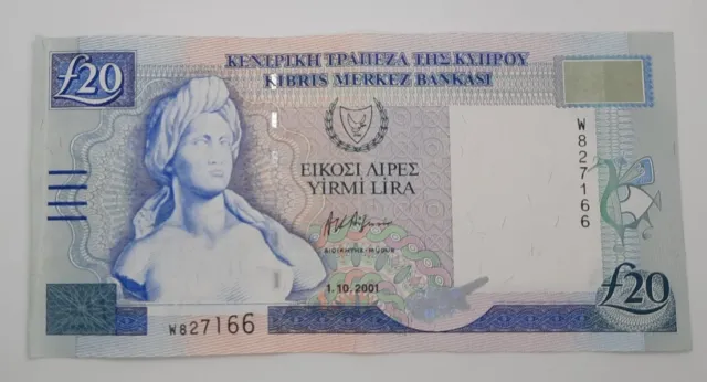 2001 - Central Bank Of Cyprus - £20 Liras / Pounds Banknote, Serial No. W 827166