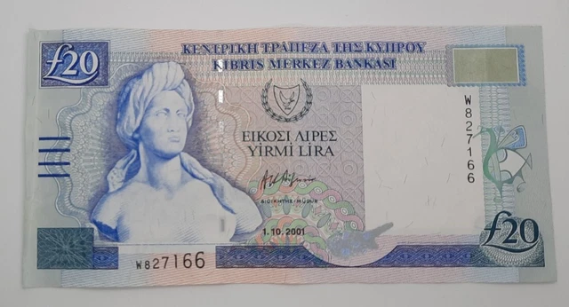 2001 - Central Bank Of Cyprus - £20 Liras / Pounds Banknote, Serial No. W 827166