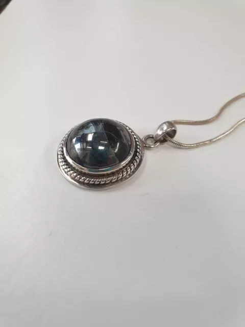 925 Sterling Silver Vintage Large Round Hematite Pendant Silver Snake Chain