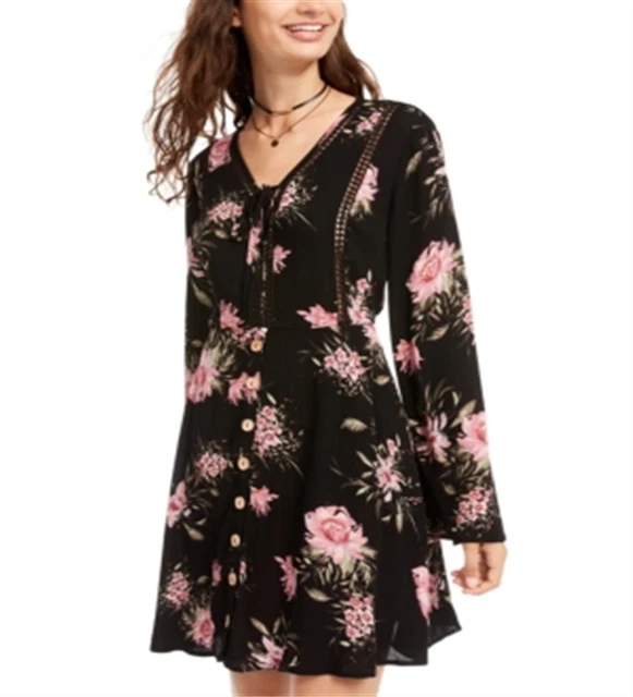 American Rag Junior's Printed Bell Sleeved Mini Dress Black Size Small