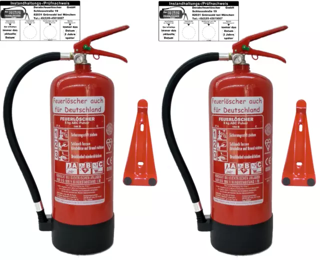 2 x 6 kg Feuerlöscher EN3 ABC Pulver Prüfnachweis Standfuß+ Halterung+ Manometer