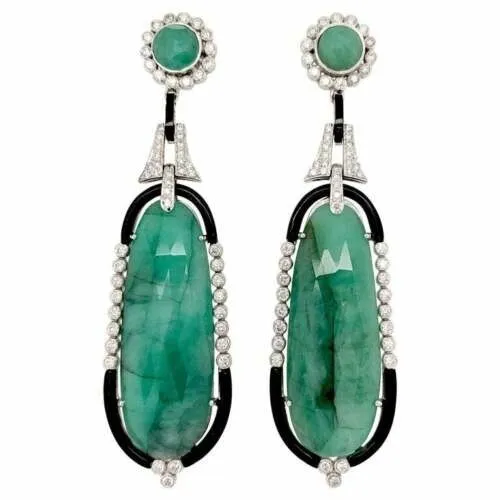 Art Deco Style Green 48.25 CT Emerald, White CZ & Black Onyx 925 Silver Earrings