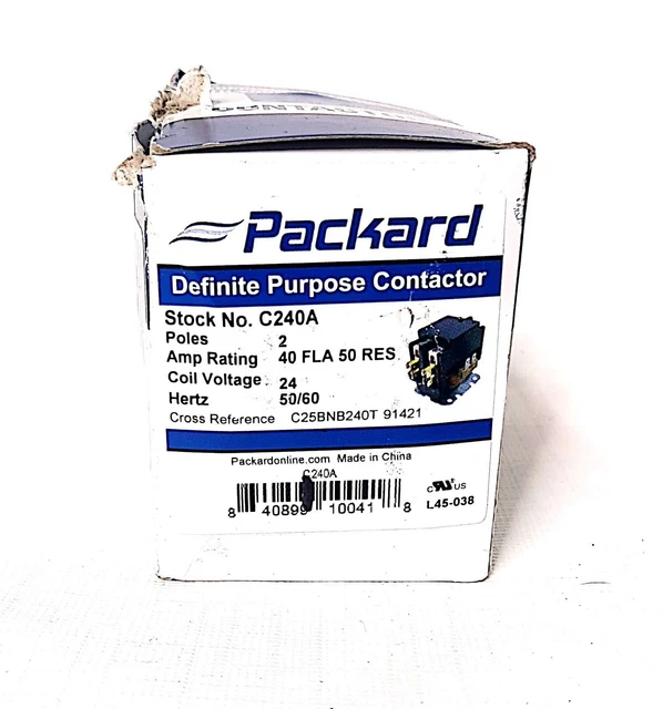 Packard Definite Purpose Contactor, 2 Pole, 40 Amps, 24 Coil Voltage, C240A
