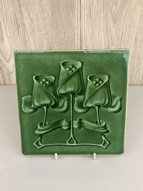 Antique Fireplace Tile Green Triple Tulips by T & R Boote Ltd C1906