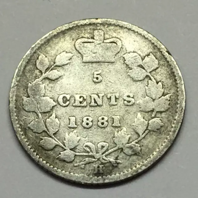 1881 H Canada 5 Cents Silver Coin - Ships Free W/ Usps Tracking & Insur.