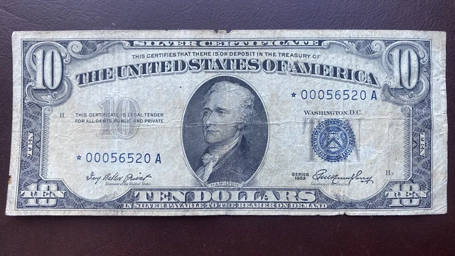 1953 Ten Dollar Silver Certificate * STAR NOTE * $10 Bill Circulated #56443