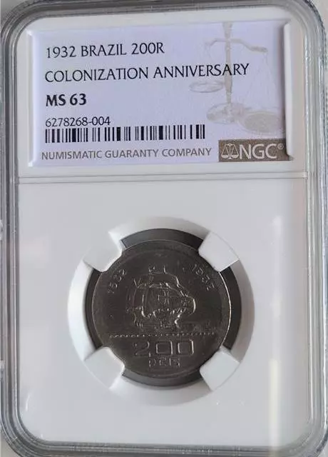 Brazil 200 Reis 1932 Colonization Anniversary NGC MS 63