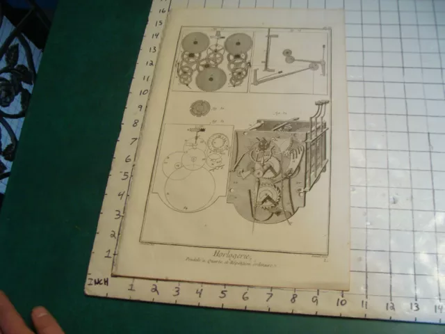 Original engraving 1760's 10 1/2 x 16" PENDULE A QUARTS ET REPETITION ORDINAIRE