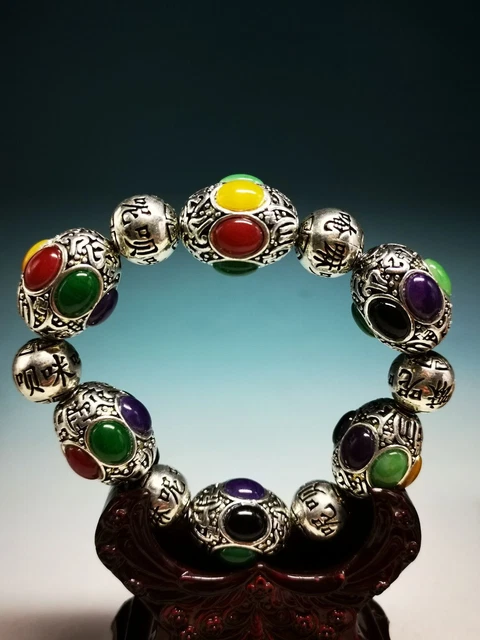 Old Miao Silver Carved Flower Inlaid Red Green Jade Cloisonne Bracelet Tibet SD4