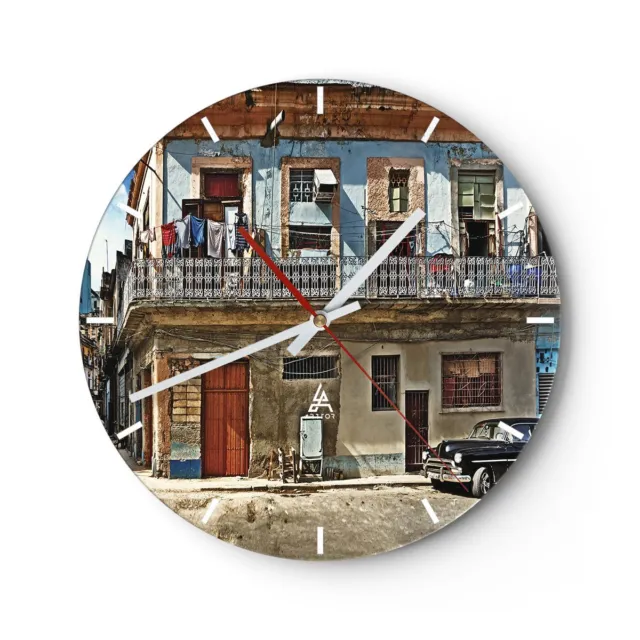 Horloge murale en verre 40x40cm Silencieuse Cuba La Havane Balcon Wall Clock