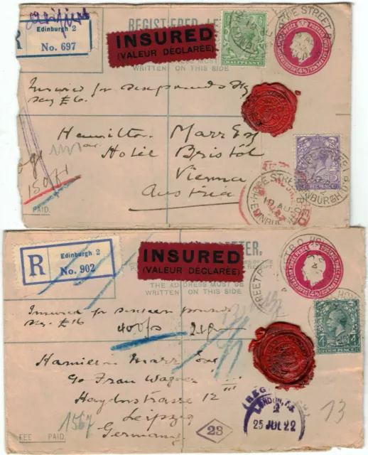 GB 2x Ganzsache Brief - Edinburgh n Leipzig / Wien - o 1922 - Siegel Royal Bank